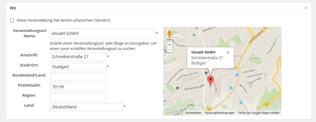 Google-Maps-Integration in WordPress Events Manager